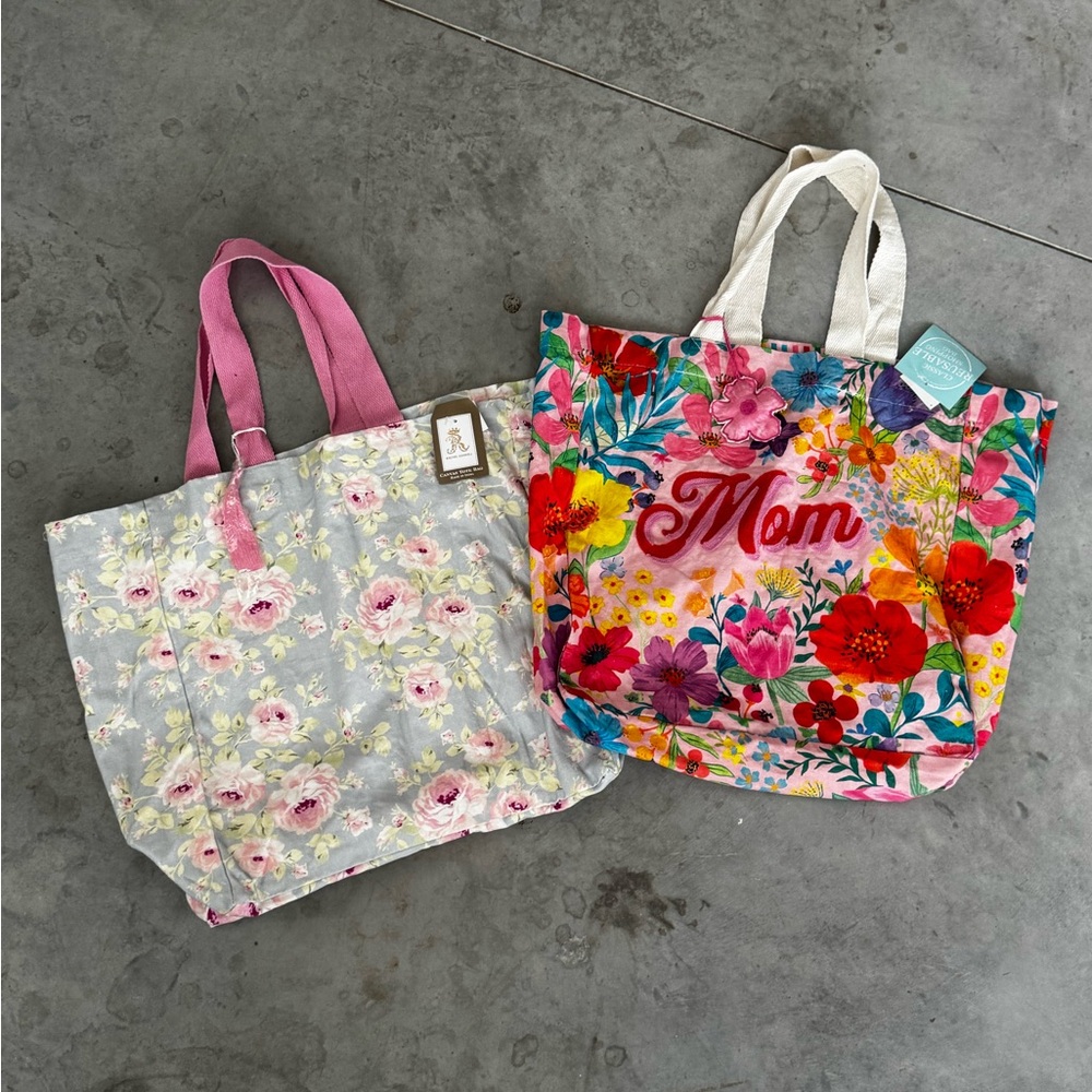 NWT Set of 2 Large Floral Canvas Tote Bags - Pink Multicolor